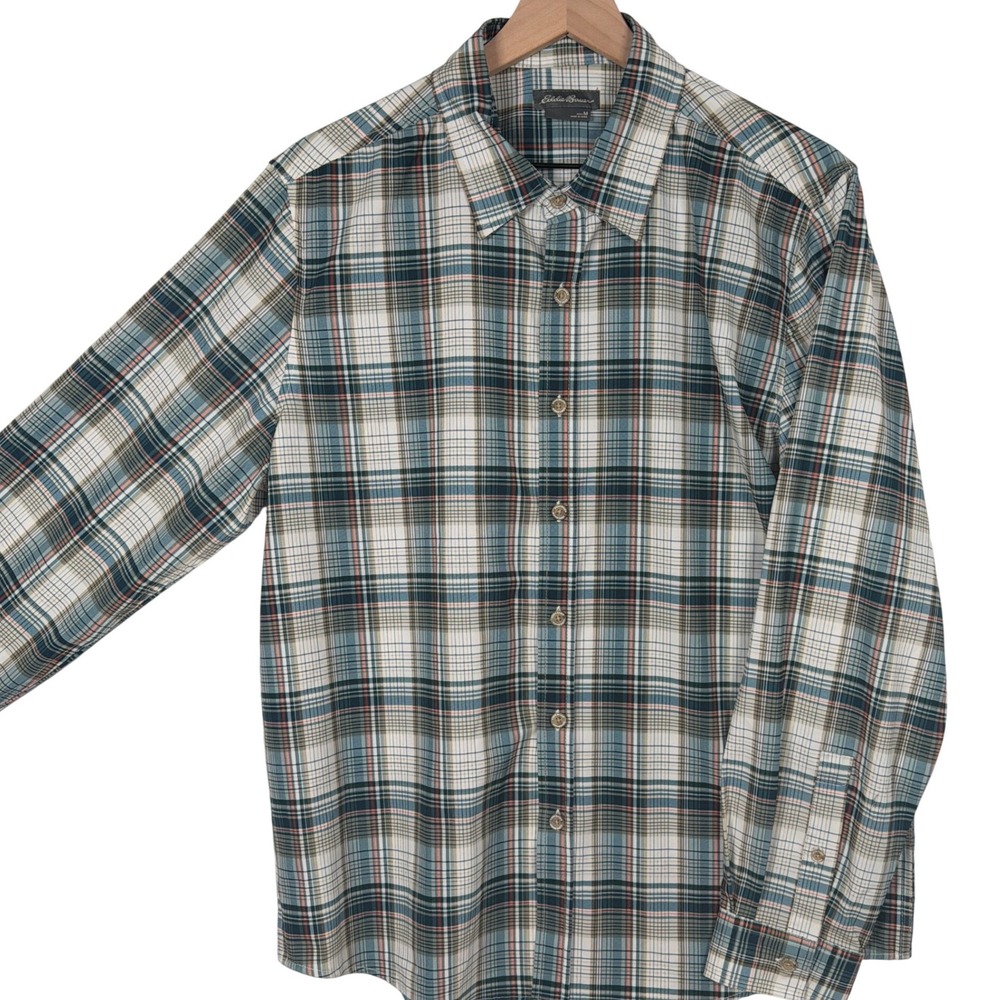Eddie Bauer Performance Plaid Shirt Mens M Blue White Orange Stretch EM13LW182P